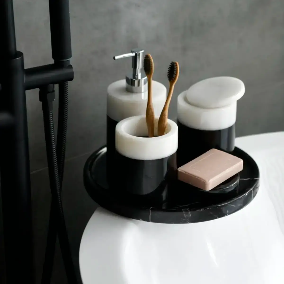 Rizz Mermer 5' li Banyo Seti Siyah Beyaz - 4